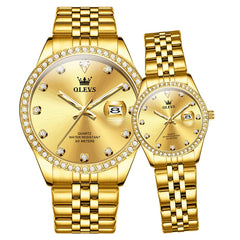 OLEVS 3629Q Diamond Bezel Quartz Couple Watches Set - All Gold Watch | Olevs Watch Store