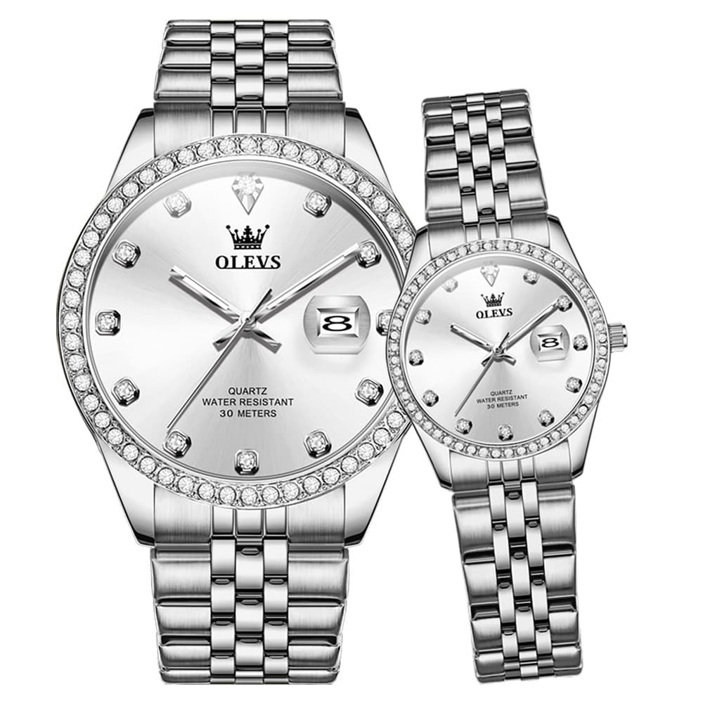 OLEVS 3629Q Diamond Bezel Quartz Couple Watches Set - Silver White Watch | Olevs Watch Store