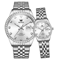 OLEVS 3629Q Diamond Bezel Quartz Couple Watches Set - Silver White Watch | Olevs Watch Store