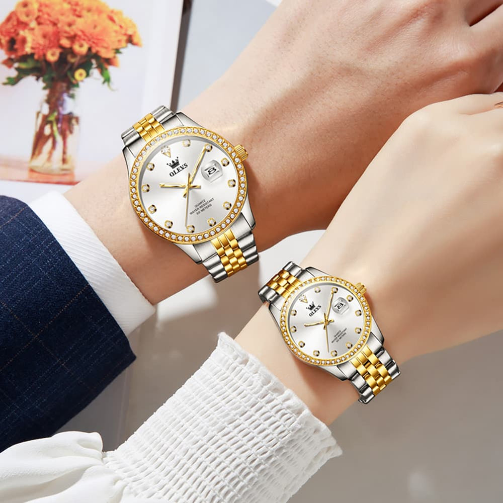 OLEVS 3629Q Diamond Bezel Quartz Couple Watches Set - Two Tone White Watch | Olevs Watch Store