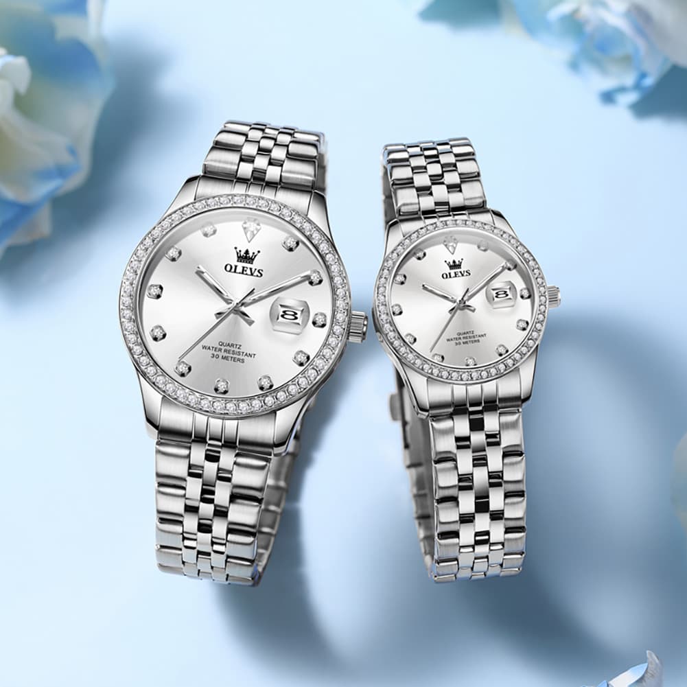 OLEVS 3629Q Diamond Bezel Quartz Couple Watches Set - Two Tone White Watch | Olevs Watch Store