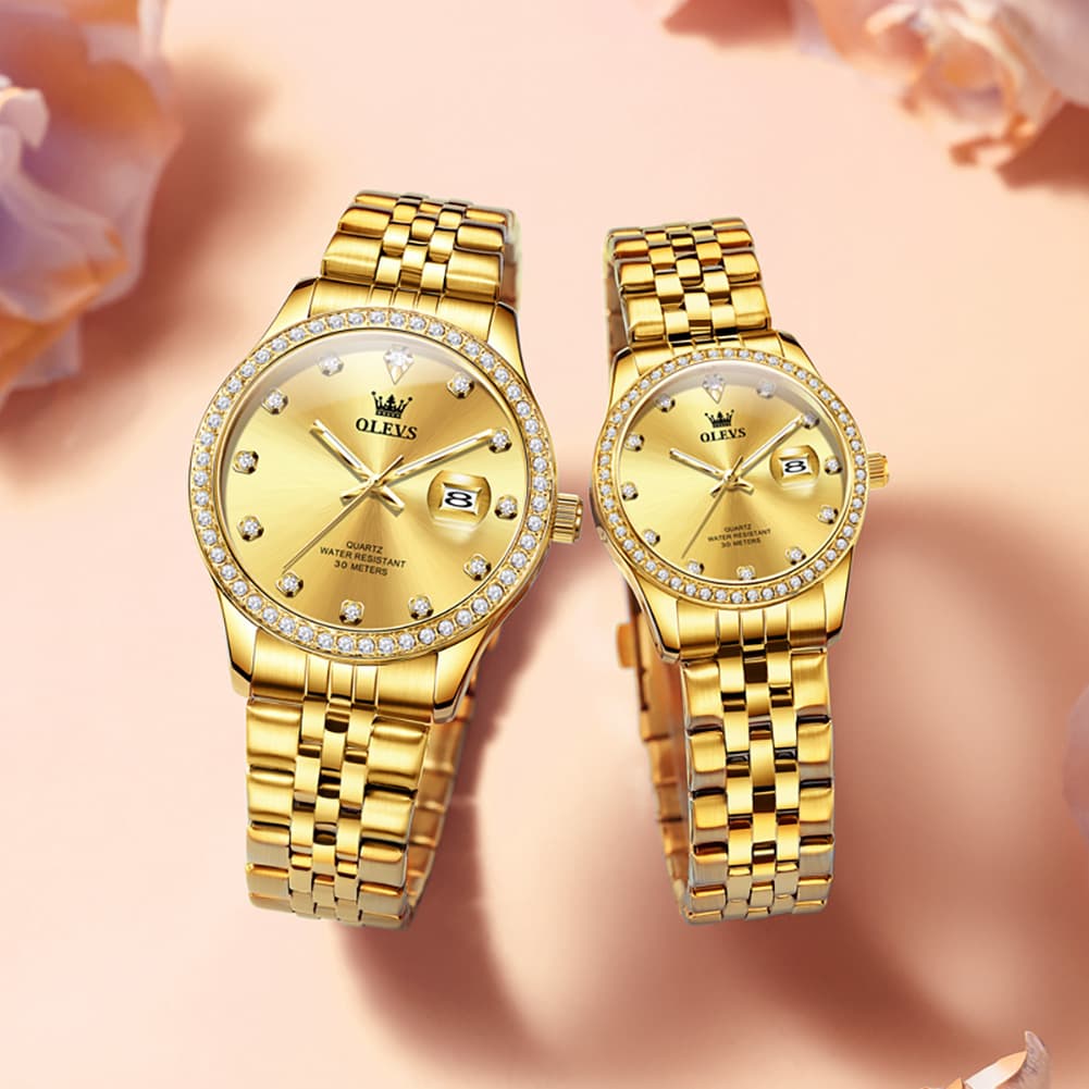 OLEVS 3629Q Diamond Bezel Quartz Couple Watches Set - Two Tone White Watch | Olevs Watch Store