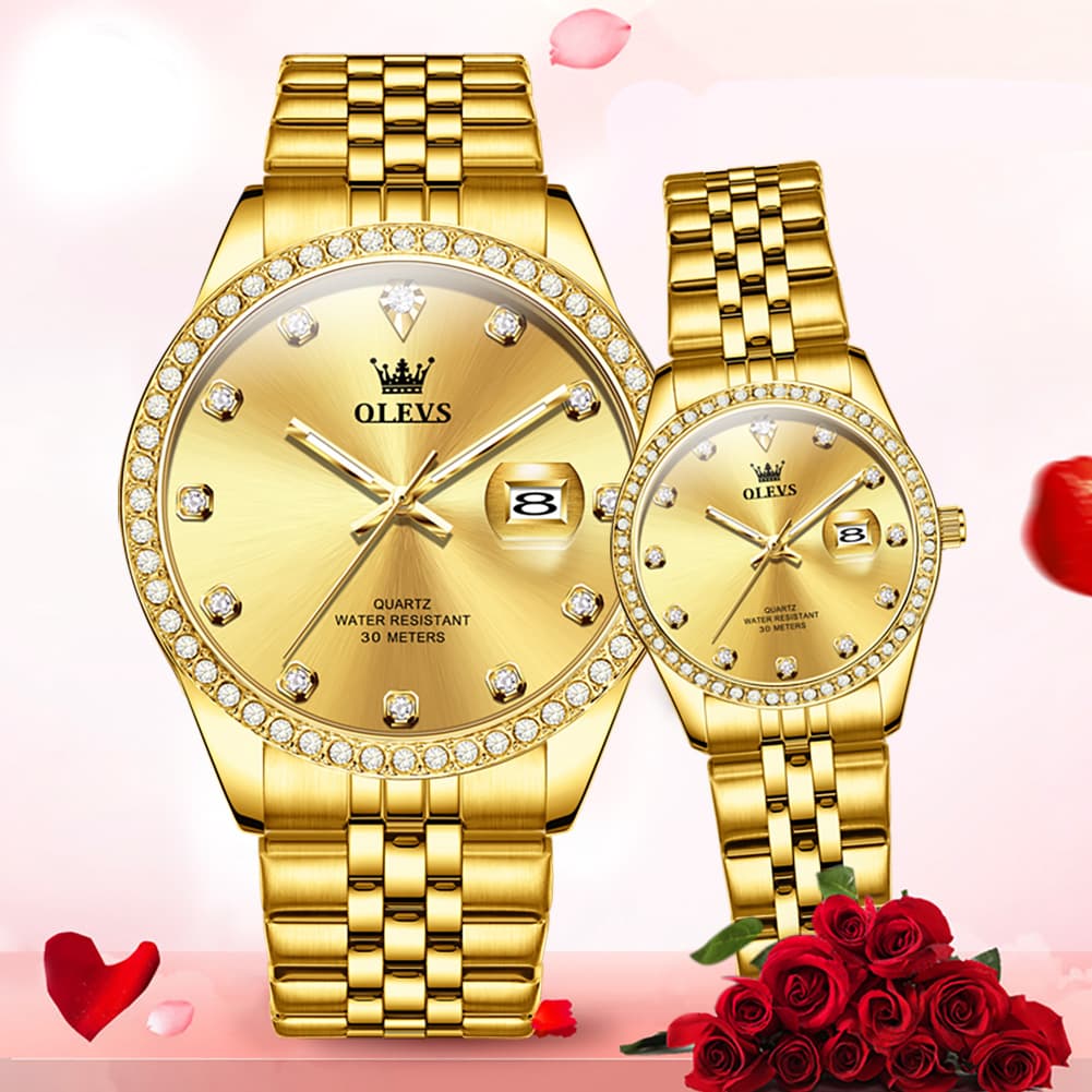 OLEVS 3629Q Diamond Bezel Quartz Couple Watches Set - Two Tone White Watch | Olevs Watch Store