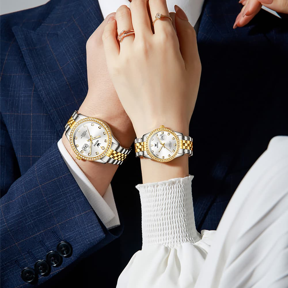 OLEVS 3629Q Diamond Bezel Quartz Couple Watches Set - Two Tone White Watch | Olevs Watch Store