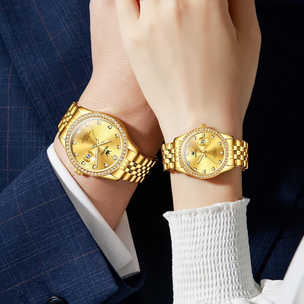 OLEVS 3629Q Diamond Bezel Quartz Couple Watches Set - Two Tone White Watch | Olevs Watch Store