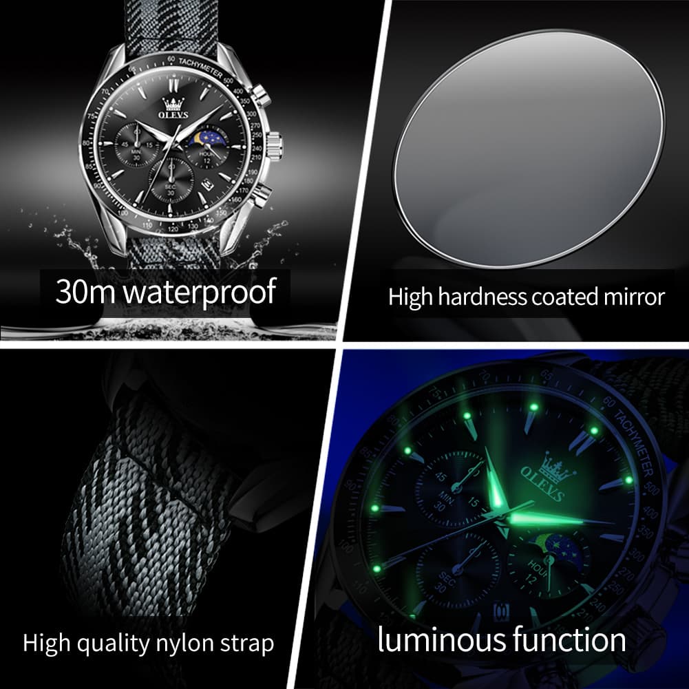 OLEVS 3630 Multifunction Nylon Quartz Watch for Men - All Black Watch | Olevs Watch Store