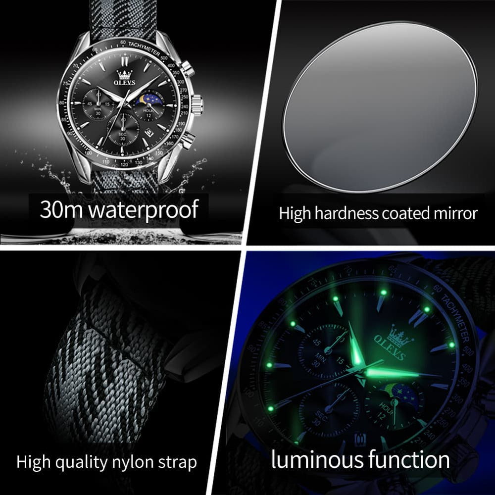 OLEVS 3630 Multifunction Nylon Quartz Watch for Men - All Black Watch | Olevs Watch Store