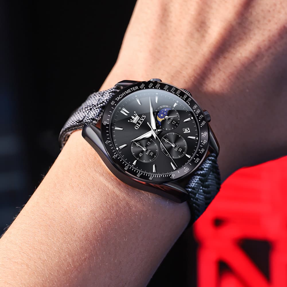 OLEVS 3630 Multifunction Nylon Quartz Watch for Men - All Black Watch | Olevs Watch Store