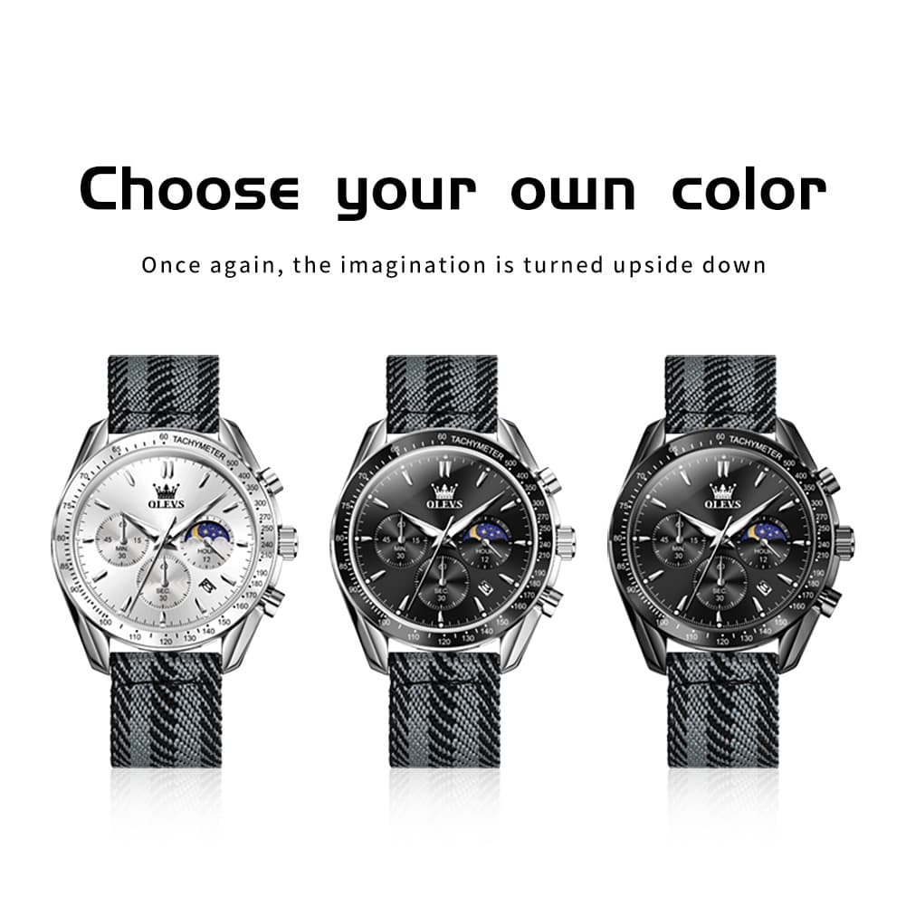 OLEVS 3630 Multifunction Nylon Quartz Watch for Men - All Black Watch | Olevs Watch Store