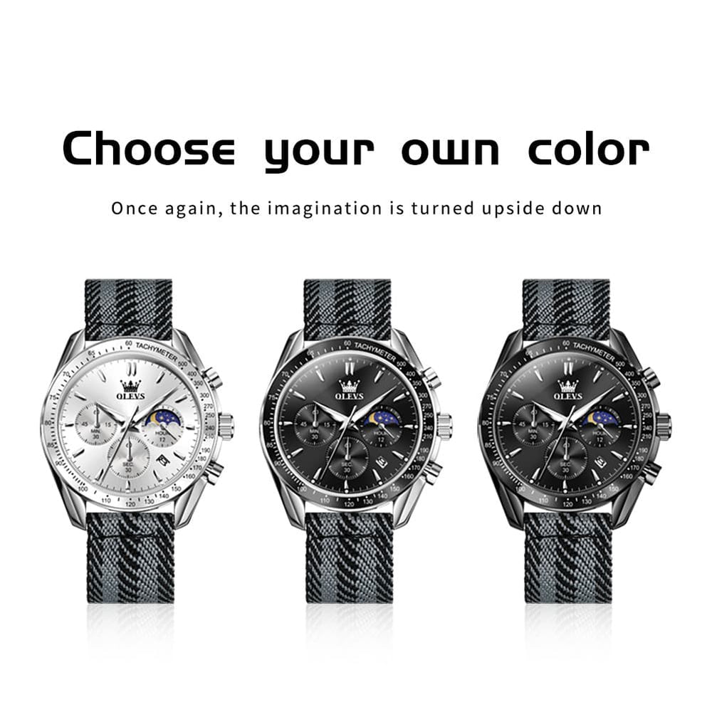 OLEVS 3630 Multifunction Nylon Quartz Watch for Men - All Black Watch | Olevs Watch Store