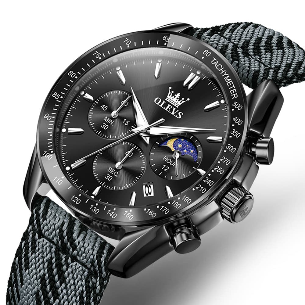 OLEVS 3630 Multifunction Nylon Quartz Watch for Men - All Black Watch | Olevs Watch Store