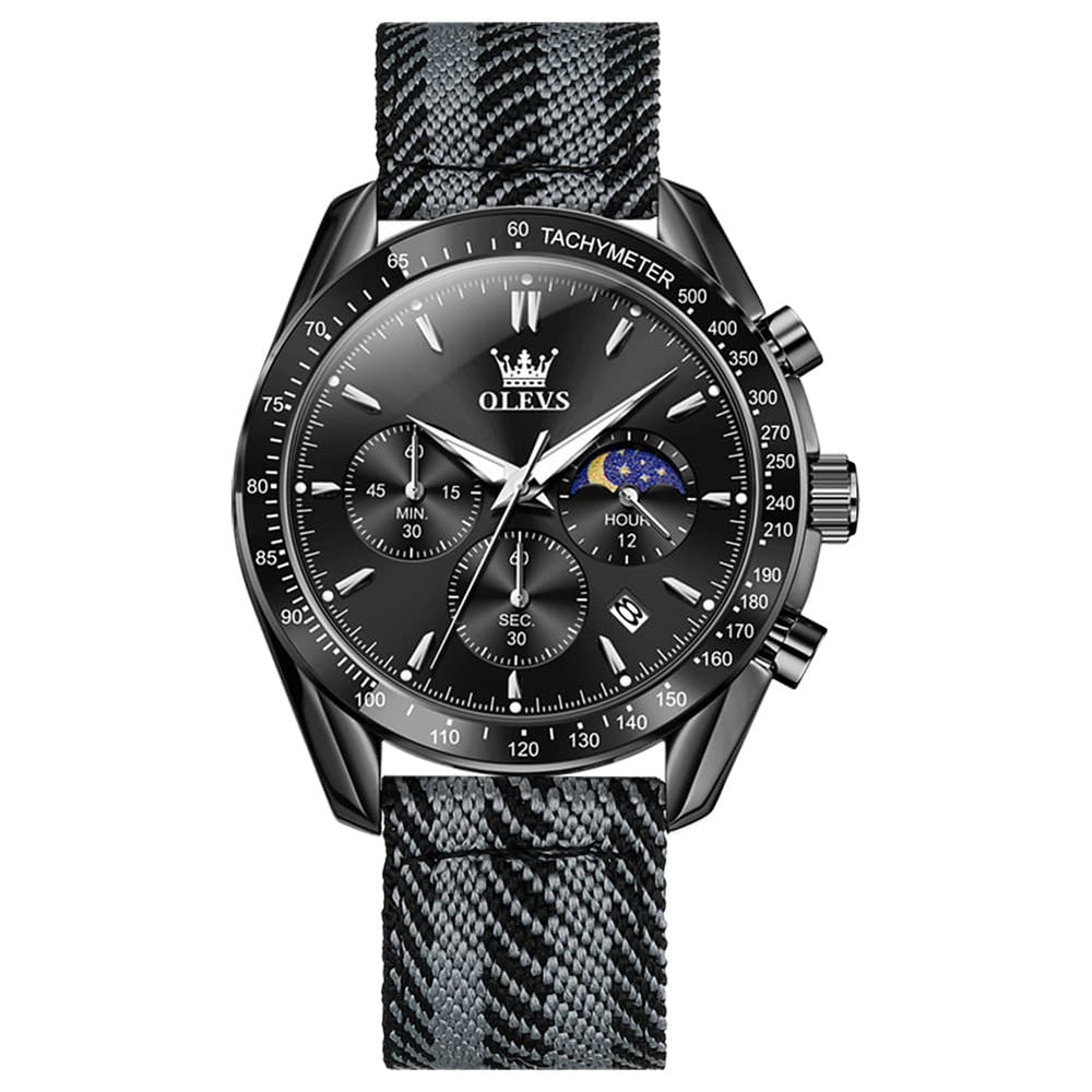 OLEVS 3630 Multifunction Nylon Quartz Watch for Men - All Black Watch | Olevs Watch Store