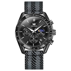 OLEVS 3630 Multifunction Nylon Quartz Watch for Men - All Black Watch | Olevs Watch Store