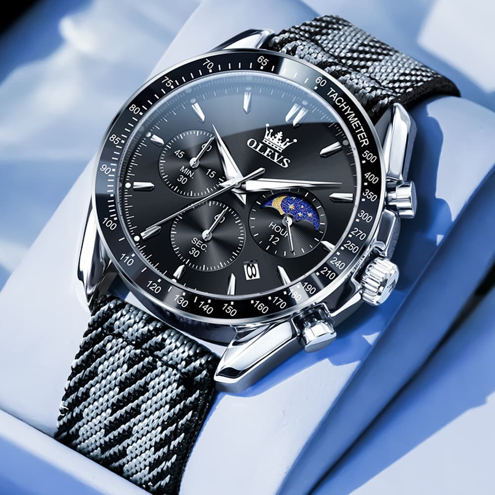 OLEVS 3630 Multifunction Nylon Quartz Watch for Men - All Black Watch | Olevs Watch Store