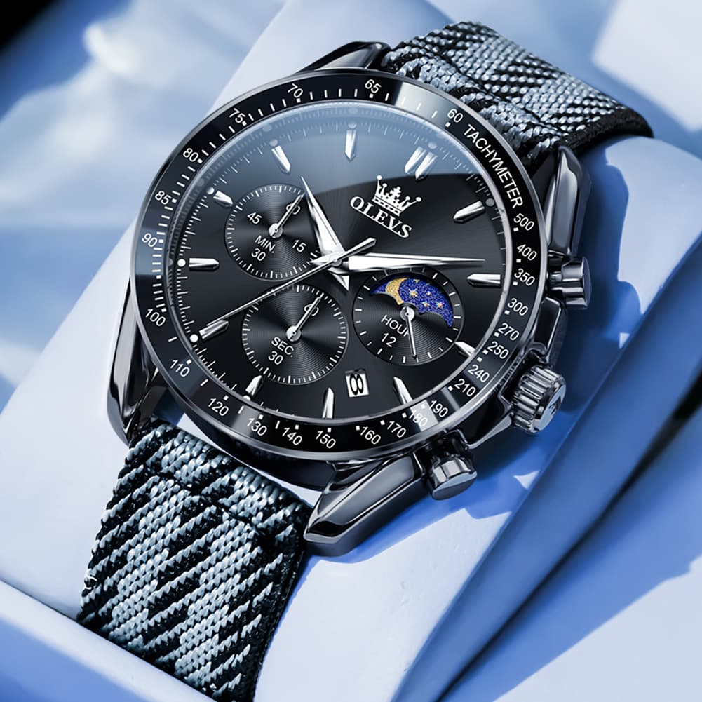 OLEVS 3630 Multifunction Nylon Quartz Watch for Men - All Black Watch | Olevs Watch Store