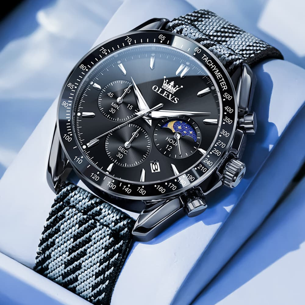 OLEVS 3630 Multifunction Nylon Quartz Watch for Men - All Black Watch | Olevs Watch Store