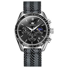 OLEVS 3630 Multifunction Nylon Quartz Watch for Men - Silver Black Watch | Olevs Watch Store