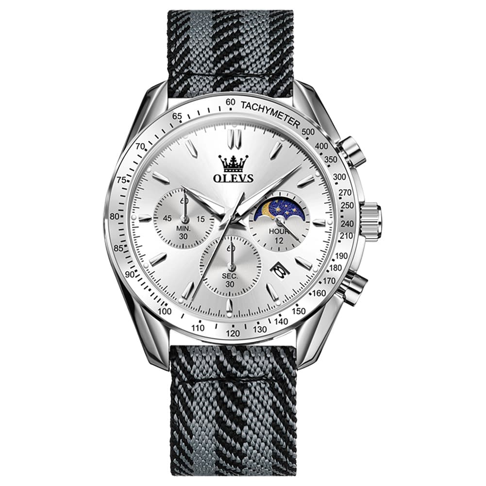 OLEVS 3630 Multifunction Nylon Quartz Watch for Men - Silver White Watch | Olevs Watch Store
