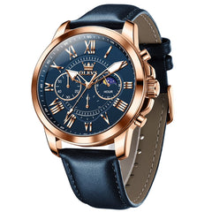 OLEVS 3632 Large Dial Multifunction Quartz Watch for Men - Rose Gold Blue Watch | Olevs Watch Store