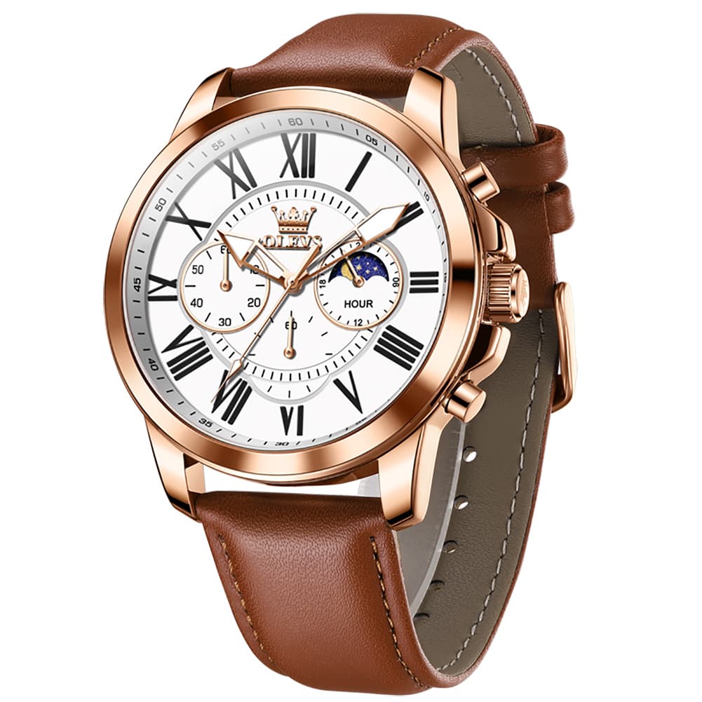 OLEVS 3632 Large Dial Multifunction Quartz Watch for Men - Rose Gold White Watch | Olevs Watch Store