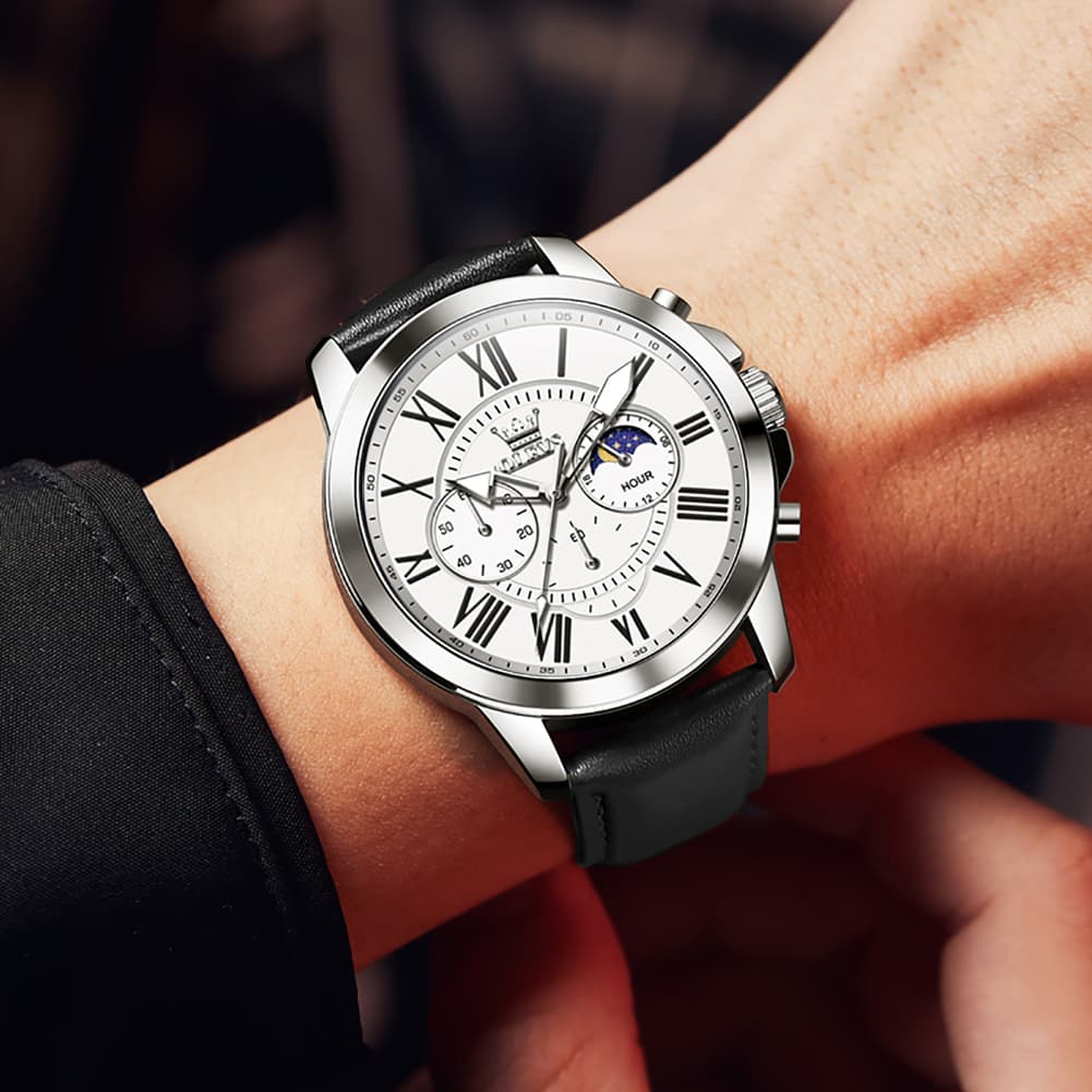 OLEVS 3632 Large Dial Multifunction Quartz Watch for Men - Silver White Watch | Olevs Watch Store