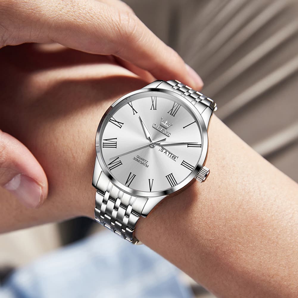 OLEVS 3633 Minimalist Sunray Roman Quartz Watch for Men - Silver Black Watch | Olevs Watch Store