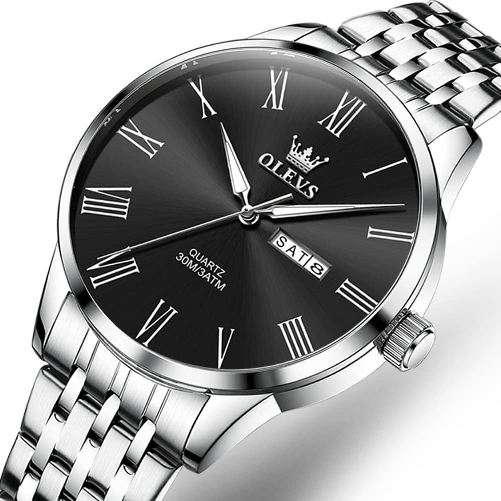 OLEVS 3633 Minimalist Sunray Roman Quartz Watch for Men - Silver Black Watch | Olevs Watch Store