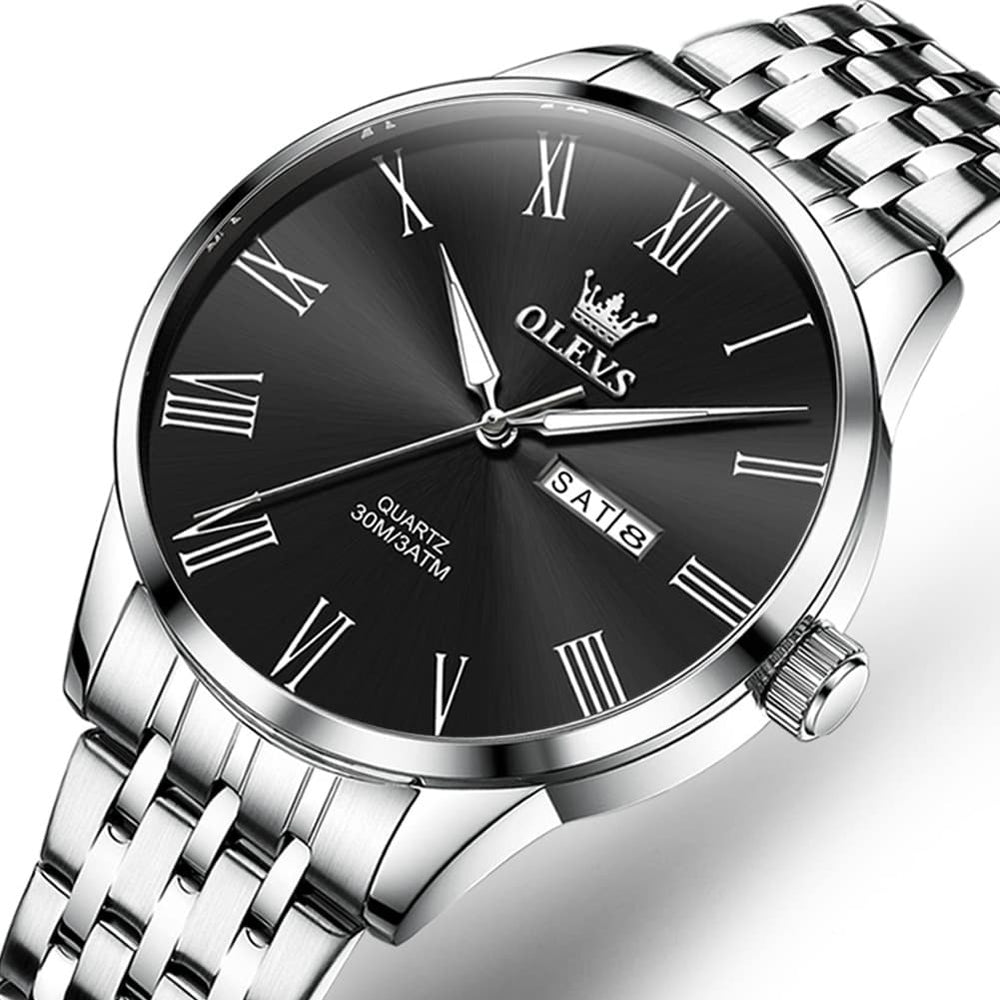 OLEVS 3633 Minimalist Sunray Roman Quartz Watch for Men - Silver Black Watch | Olevs Watch Store