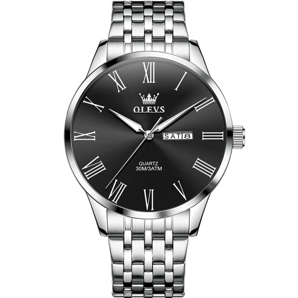 OLEVS 3633 Minimalist Sunray Roman Quartz Watch for Men - Silver Black Watch | Olevs Watch Store
