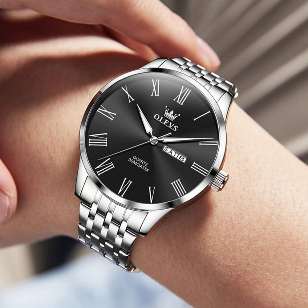 OLEVS 3633 Minimalist Sunray Roman Quartz Watch for Men - Silver Black Watch | Olevs Watch Store