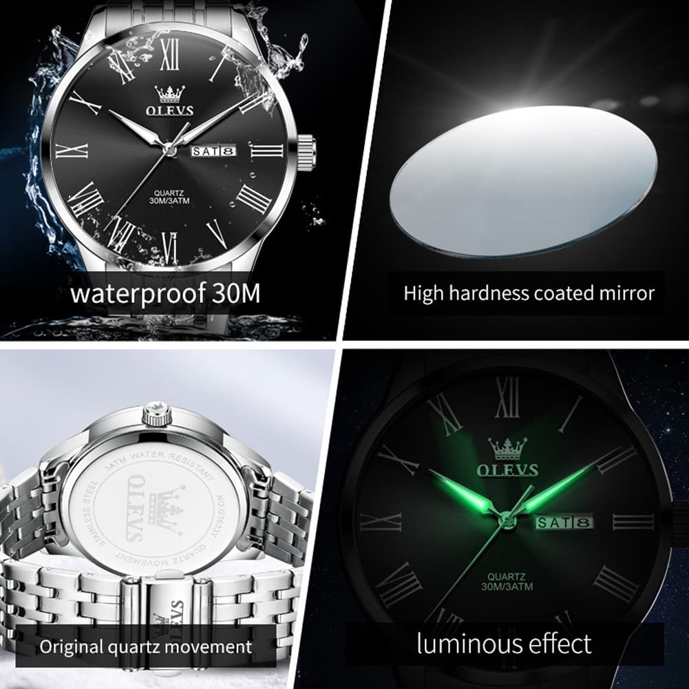 OLEVS 3633 Minimalist Sunray Roman Quartz Watch for Men - Silver Black Watch | Olevs Watch Store