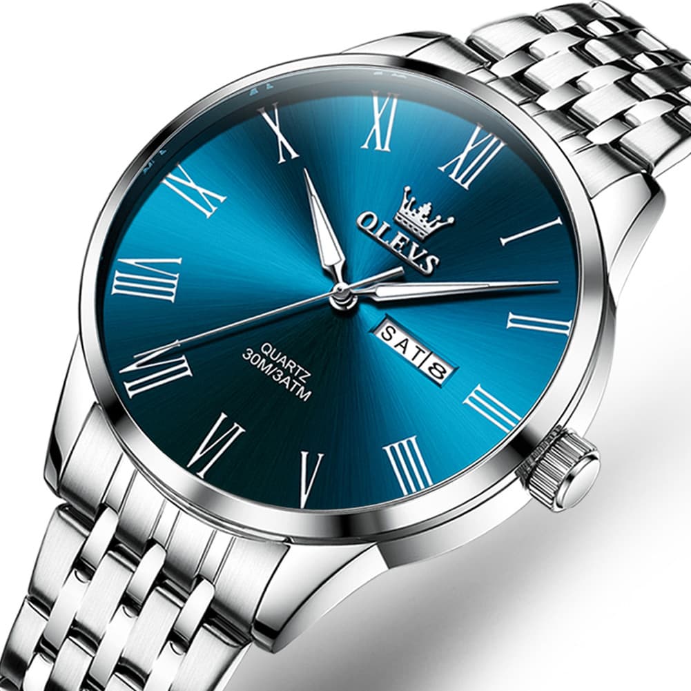 OLEVS 3633 Minimalist Sunray Roman Quartz Watch for Men - Silver Blue Watch | Olevs Watch Store