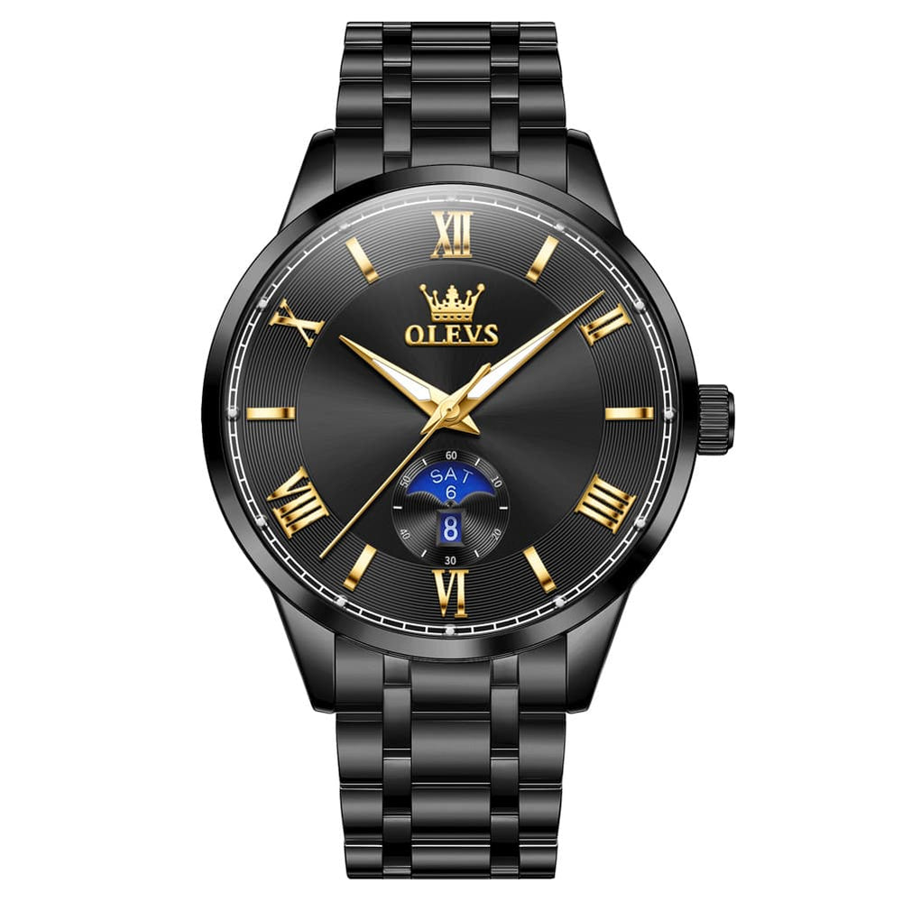 OLEVS 3638 Moon Phase Quartz Steel Watch for Men - All Black Watch | Olevs Watch Store