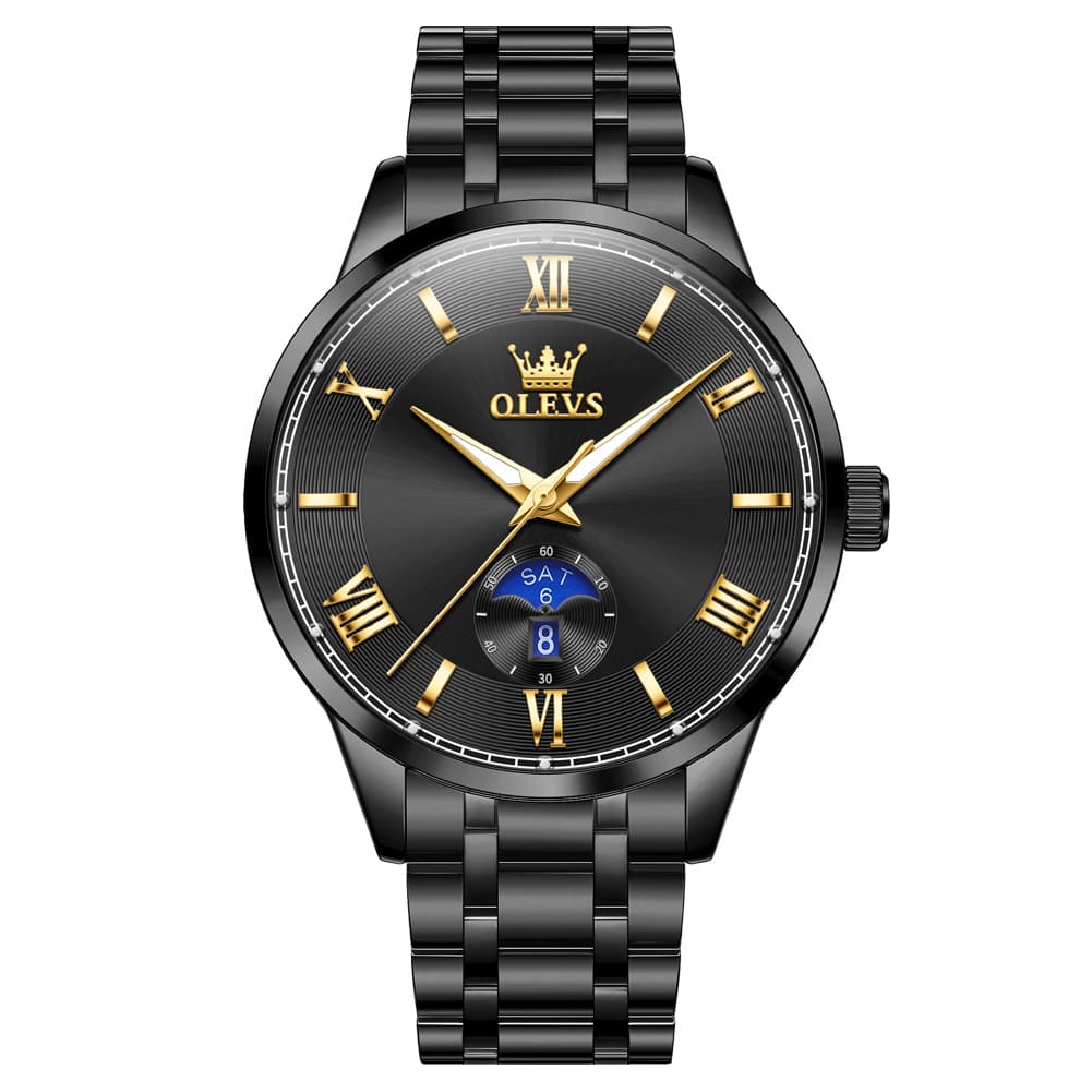OLEVS 3638 Moon Phase Quartz Steel Watch for Men - All Black Watch | Olevs Watch Store