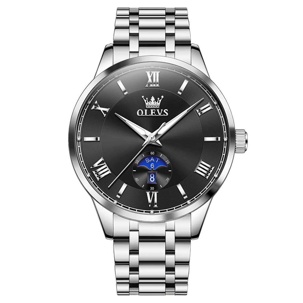 OLEVS 3638 Moon Phase Quartz Steel Watch for Men - Silver Black Watch | Olevs Watch Store