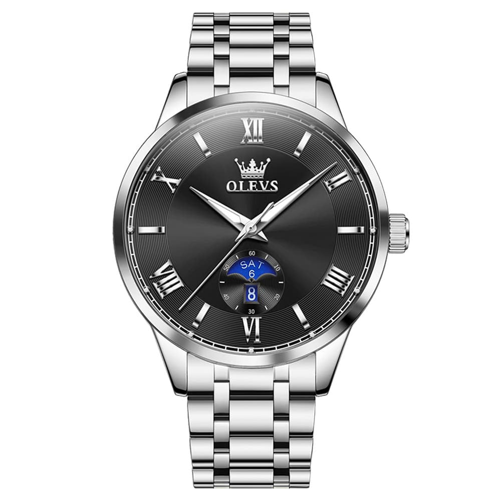 OLEVS 3638 Moon Phase Quartz Steel Watch for Men - Silver Black Watch | Olevs Watch Store