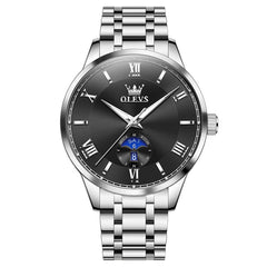 OLEVS 3638 Moon Phase Quartz Steel Watch for Men - Silver Black Watch | Olevs Watch Store
