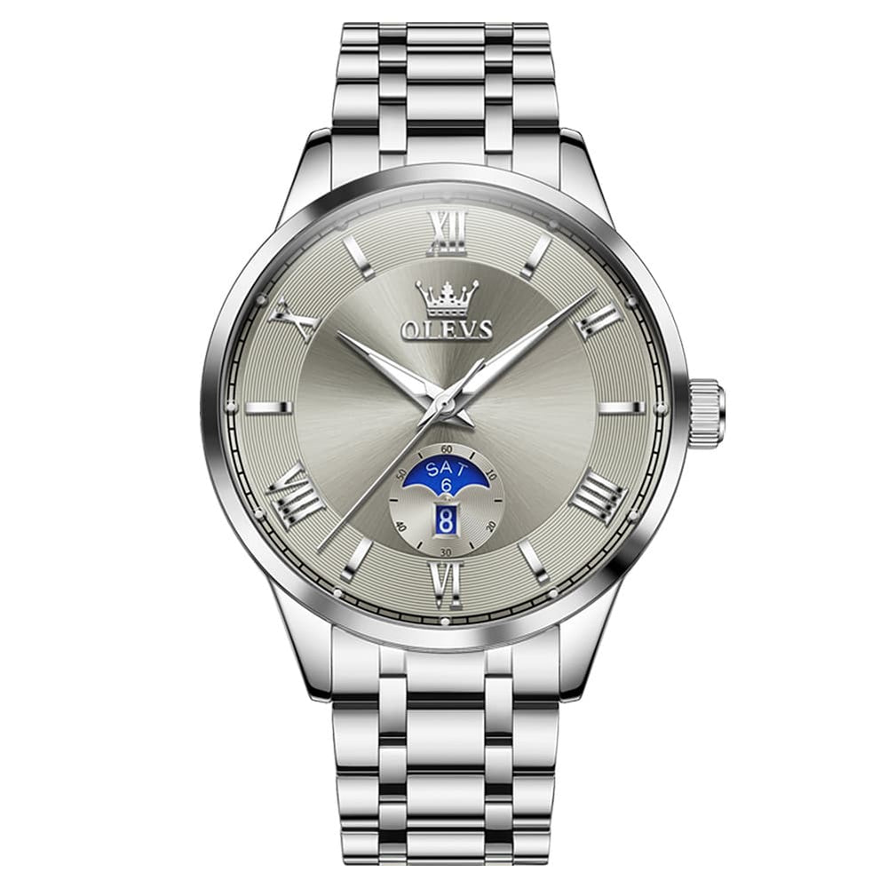 OLEVS 3638 Moon Phase Quartz Steel Watch for Men - Silver Grey Watch | Olevs Watch Store