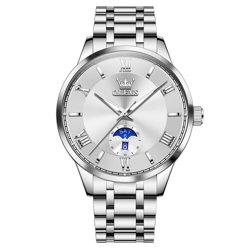 OLEVS 3638 Moon Phase Quartz Steel Watch for Men - Silver White Watch | Olevs Watch Store