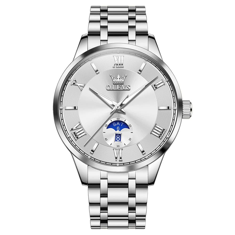 OLEVS 3638 Moon Phase Quartz Steel Watch for Men - Silver White Watch | Olevs Watch Store