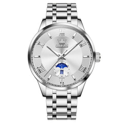 OLEVS 3638 Moon Phase Quartz Steel Watch for Men - Silver White Watch | Olevs Watch Store