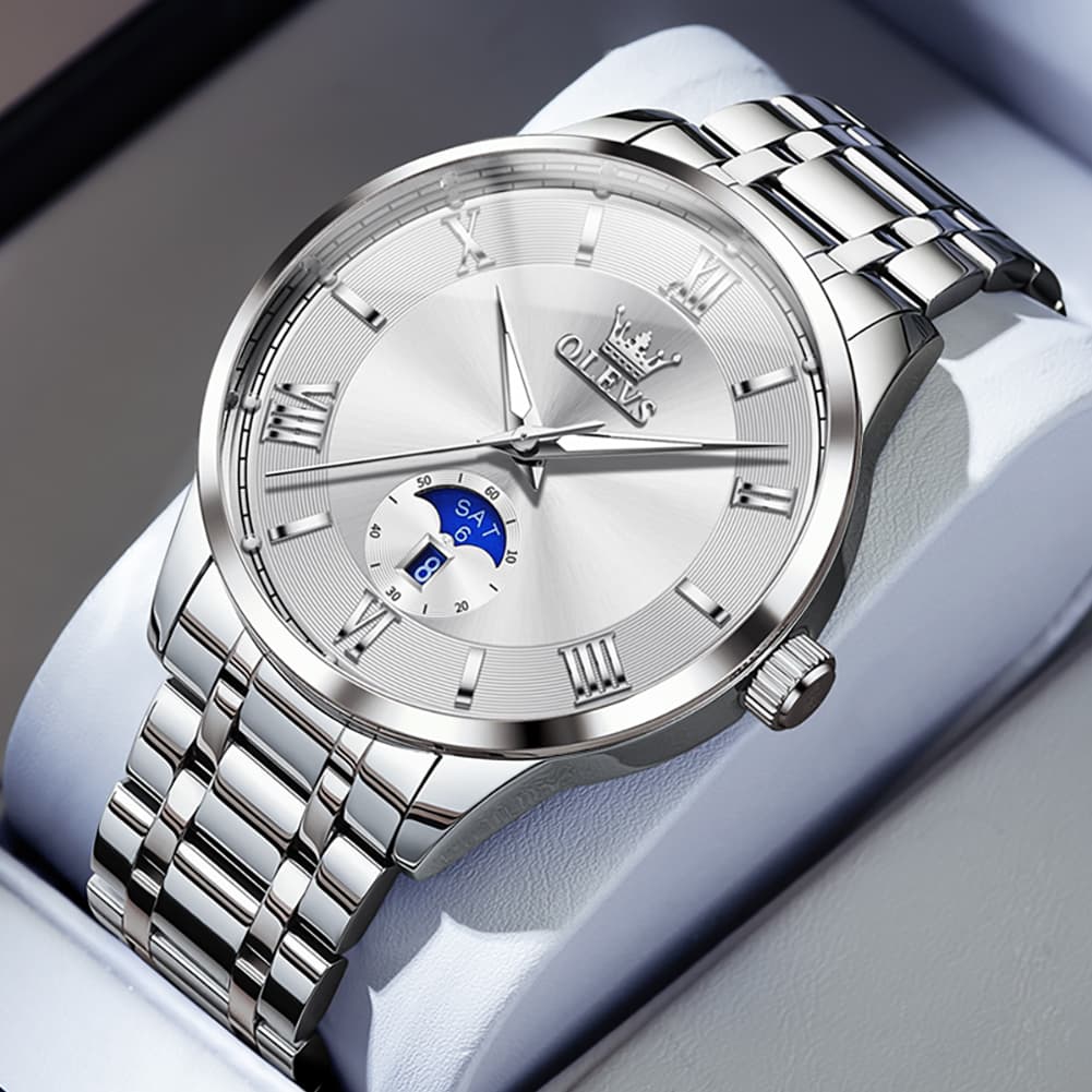 OLEVS 3638 Moon Phase Quartz Steel Watch for Men - Two Tone White Watch | Olevs Watch Store