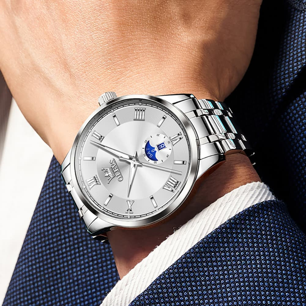 OLEVS 3638 Moon Phase Quartz Steel Watch for Men - Two Tone White Watch | Olevs Watch Store