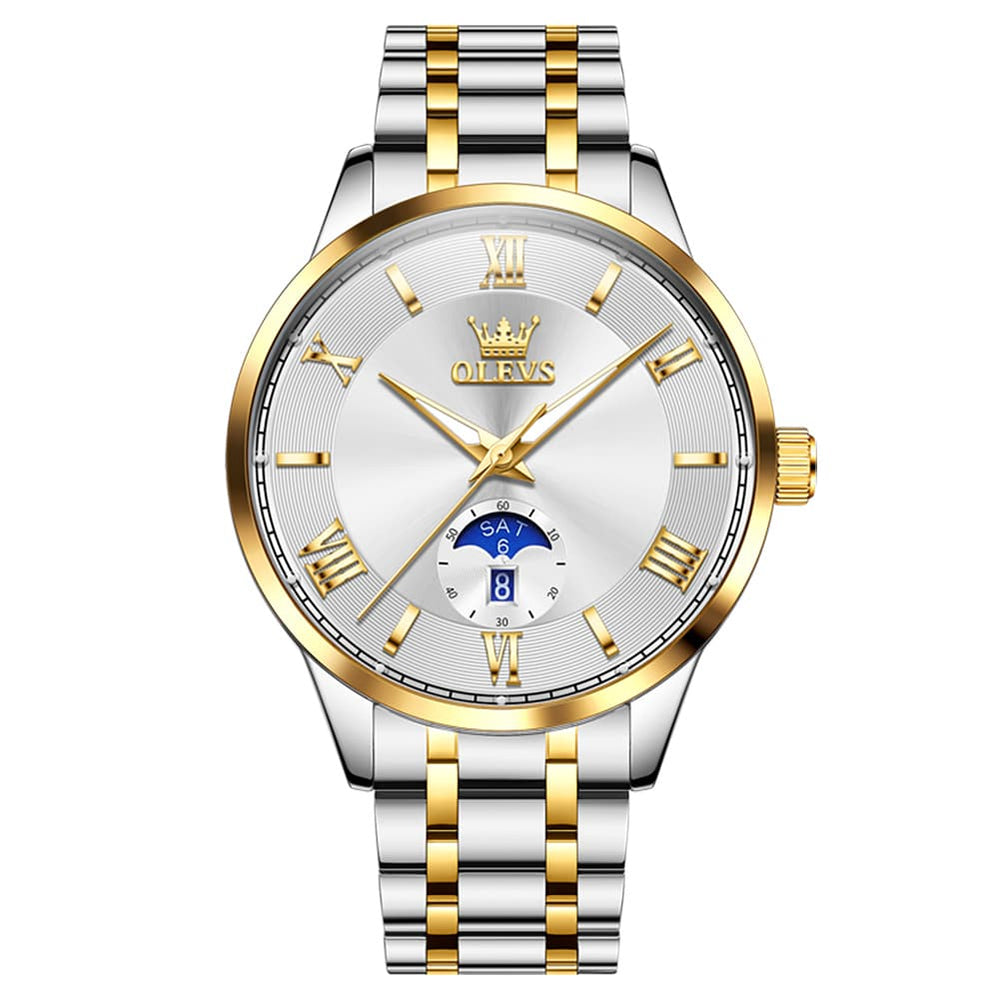 OLEVS 3638 Moon Phase Quartz Steel Watch for Men - Two Tone White Watch | Olevs Watch Store
