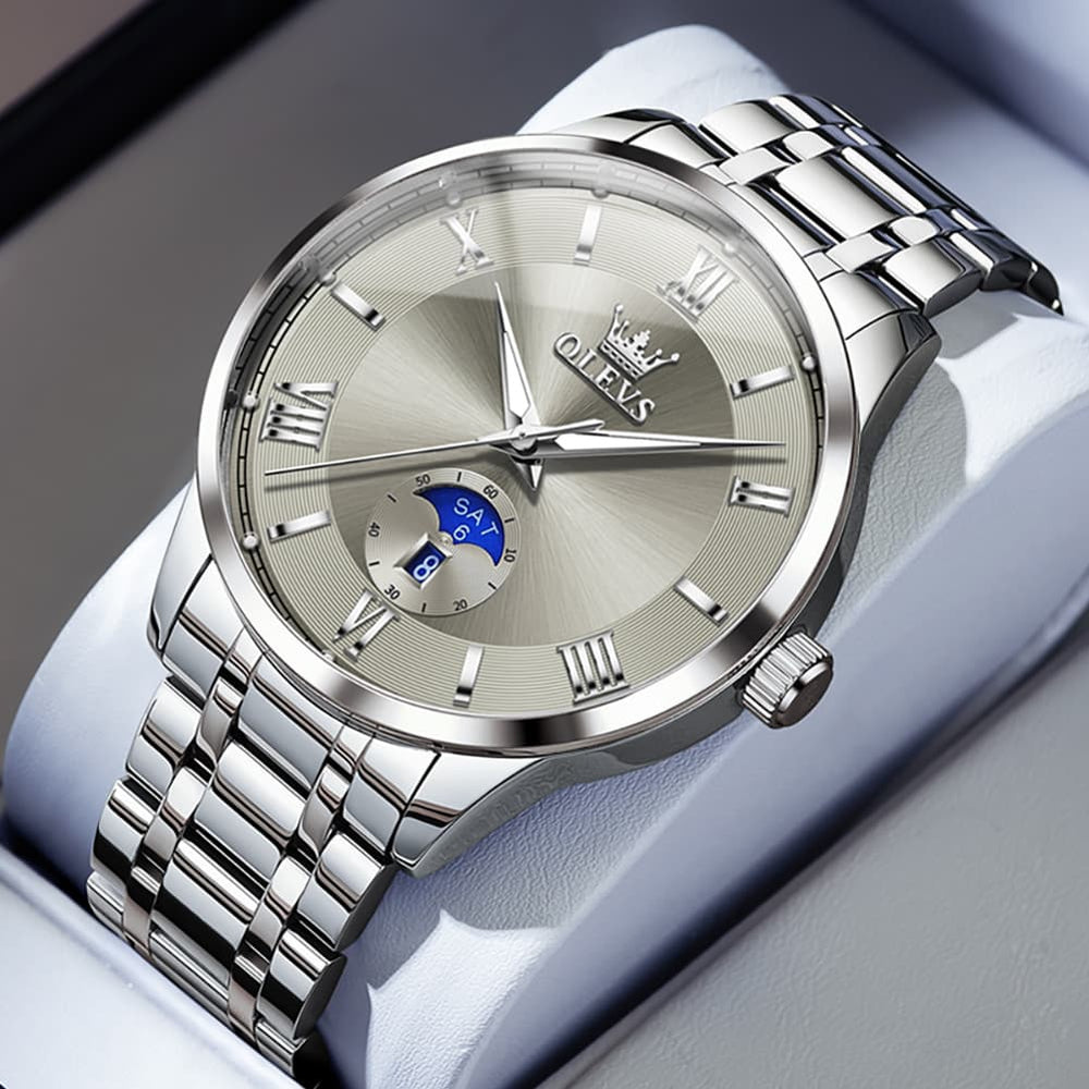 OLEVS 3638 Moon Phase Quartz Steel Watch for Men - Two Tone White Watch | Olevs Watch Store