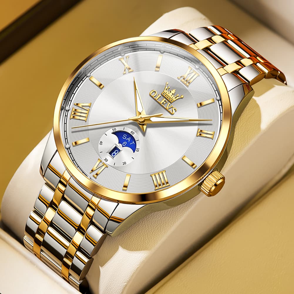 OLEVS 3638 Moon Phase Quartz Steel Watch for Men - Two Tone White Watch | Olevs Watch Store