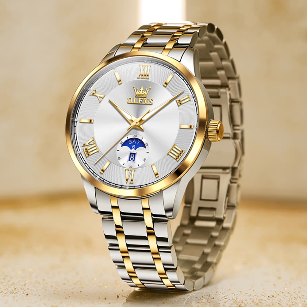 OLEVS 3638 Moon Phase Quartz Steel Watch for Men - Two Tone White Watch | Olevs Watch Store