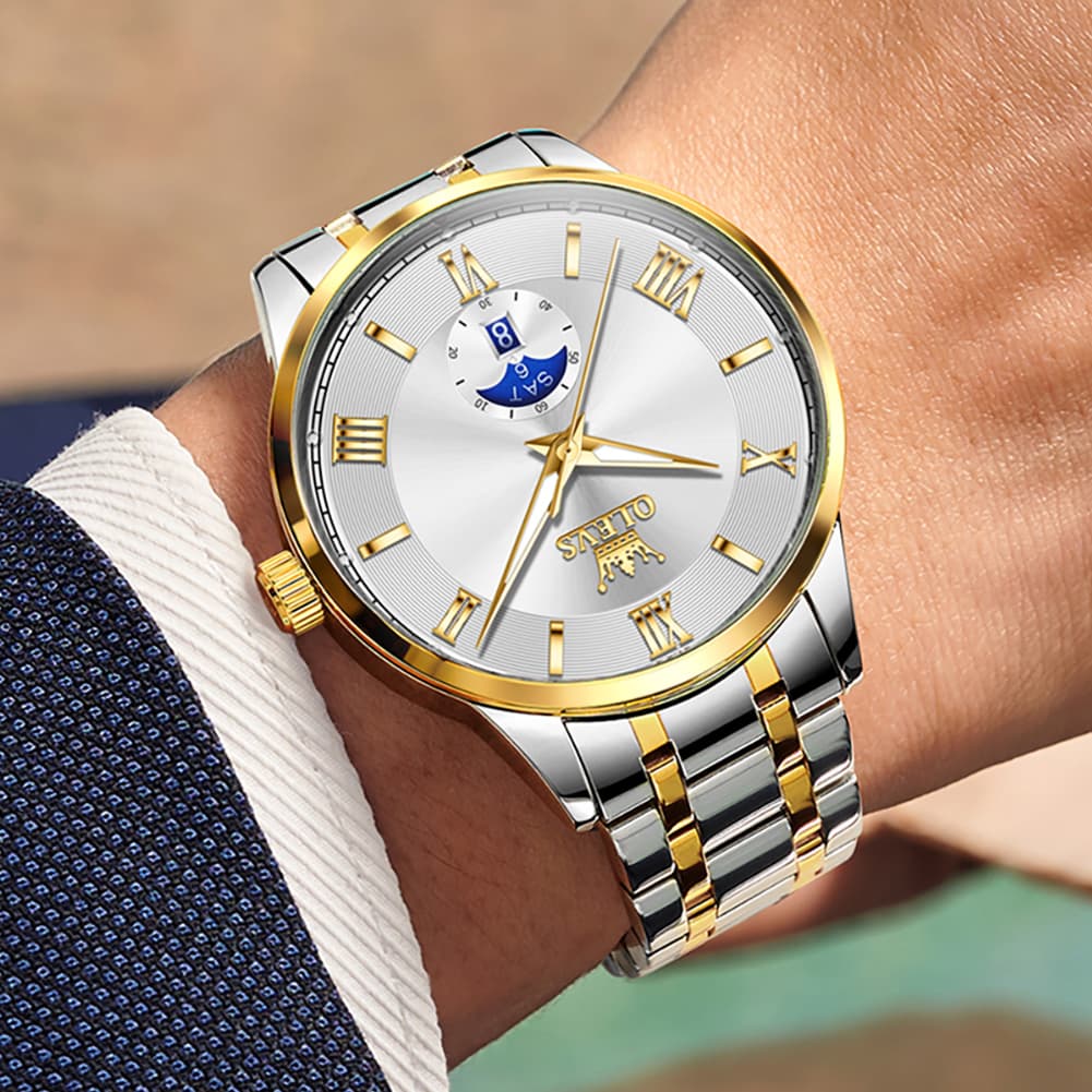 OLEVS 3638 Moon Phase Quartz Steel Watch for Men - Two Tone White Watch | Olevs Watch Store
