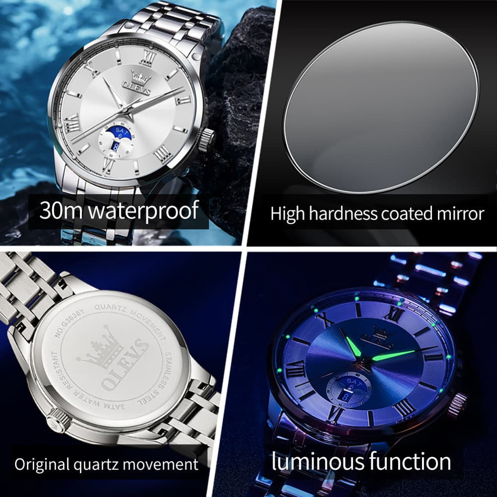 OLEVS 3638 Moon Phase Quartz Steel Watch for Men - Two Tone White Watch | Olevs Watch Store