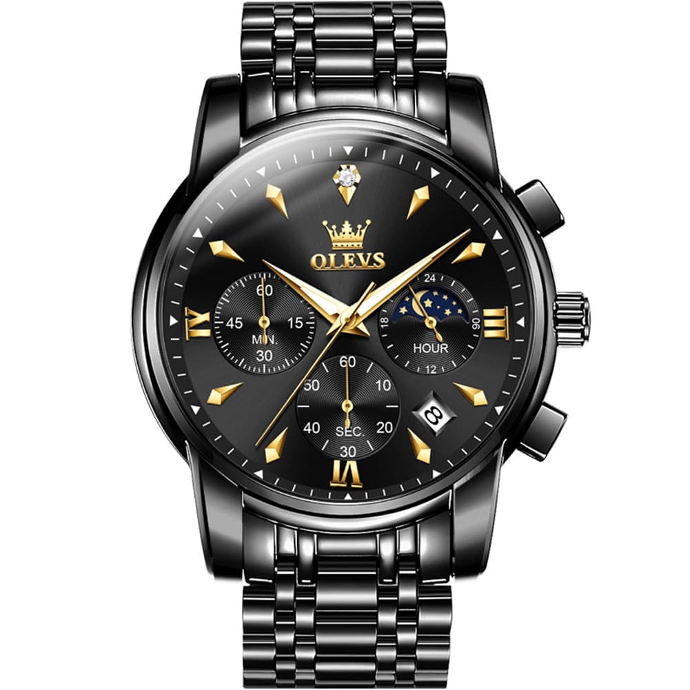 OLEVS 3639 Chronograph Moon Phase Quartz Watch for Men - All Black Watch | Olevs Watch Store